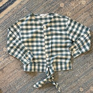 MNG Checkered Button-Down Cropped Shirt - Green and White